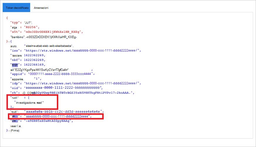 Screenshot che mostra il token decodificato.