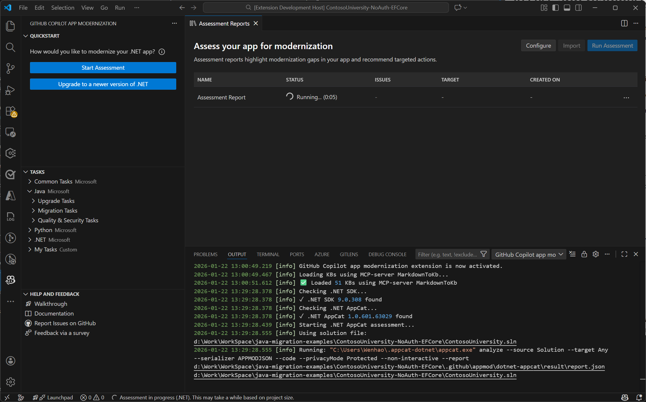 Screenshot dell'esecuzione di un'attività che analizza il progetto per l'idoneità alla migrazione.