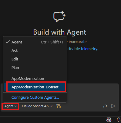 Screenshot della selezione dell'agente personalizzato .NET nella finestra di chat.