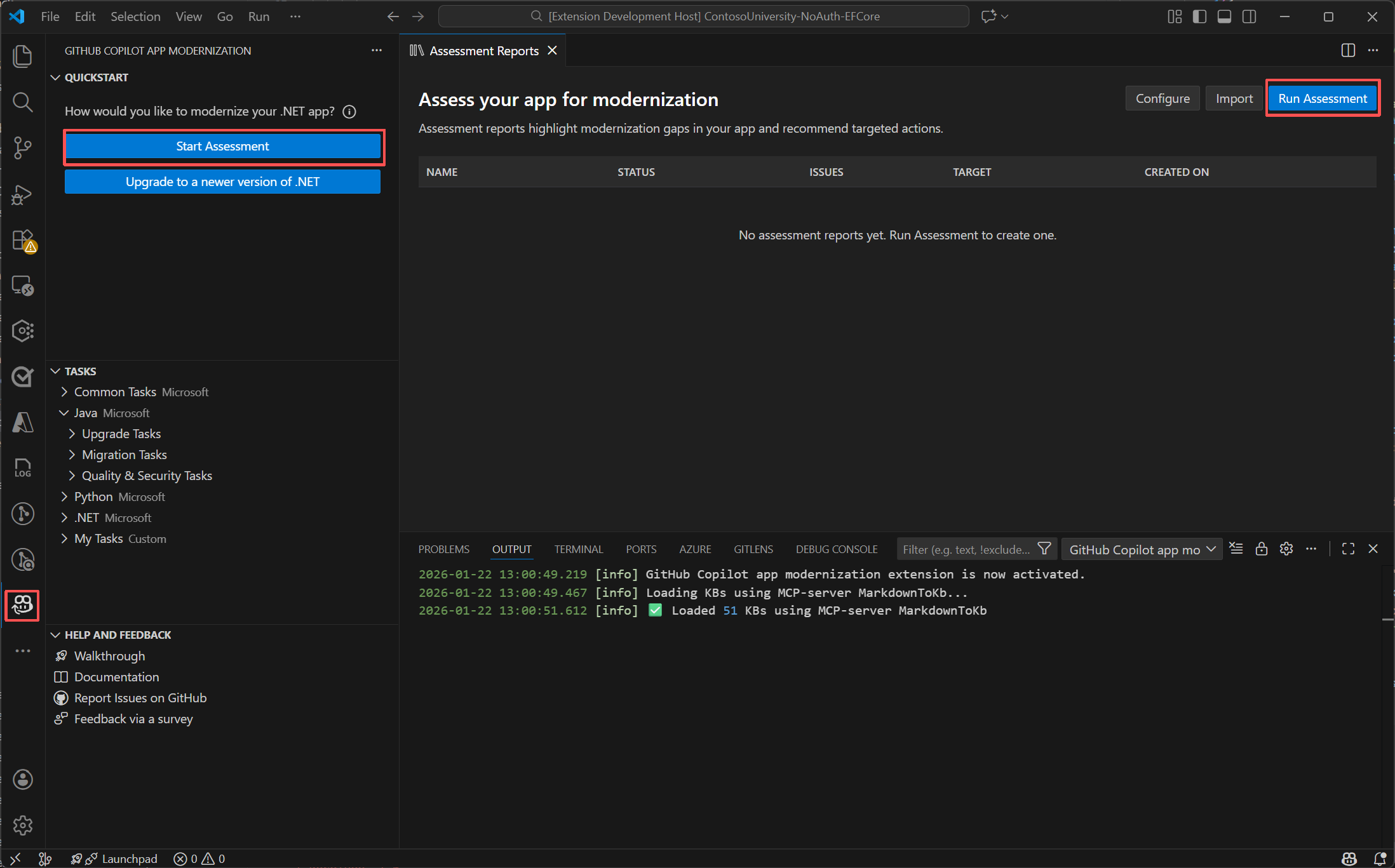 Screenshot dell'esecuzione di un'attività nella sezione attività per avviare un'attività di migrazione.