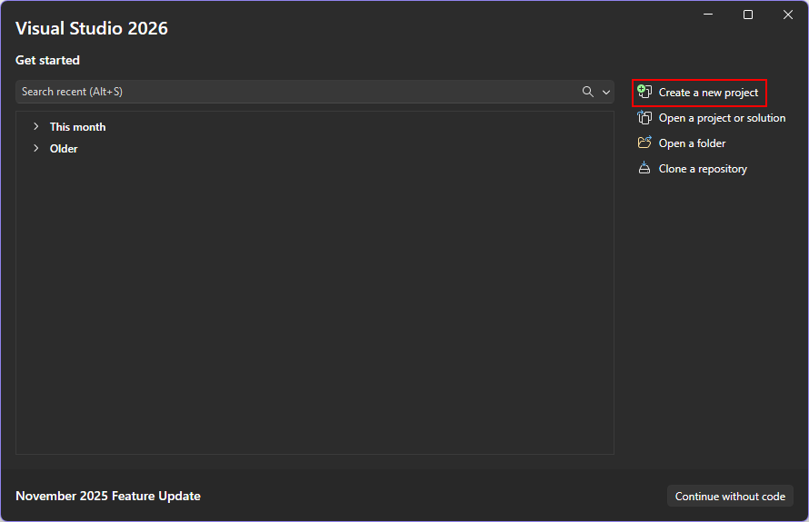 A screenshot della finestra di dialogo iniziale da Visual Studio 2026. Il pulsante 