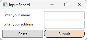 Screenshot di un'app WPF con due caselle di testo con etichetta nome e indirizzo. Sono visibili due pulsanti. Un pulsante è denominato Reimposta e l'altro Invia. Il pulsante Invia ha angoli arrotondati e un colore di pesca applicato.