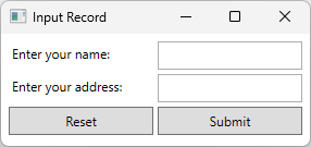 Screenshot di un'app WPF con due caselle di testo con etichetta nome e indirizzo. Sono visibili due pulsanti. Un pulsante è denominato 'Reset' e l'altro 'Submit'.