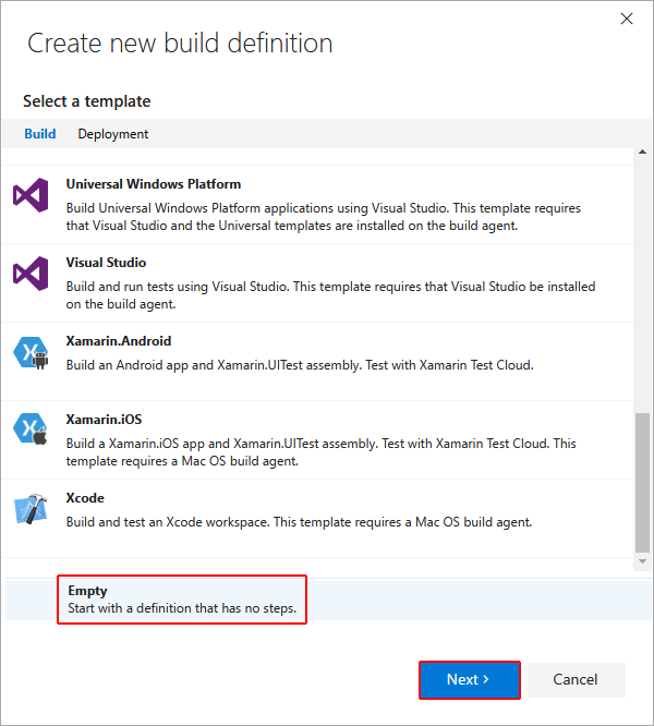 Selezionare una definizione di build vuota