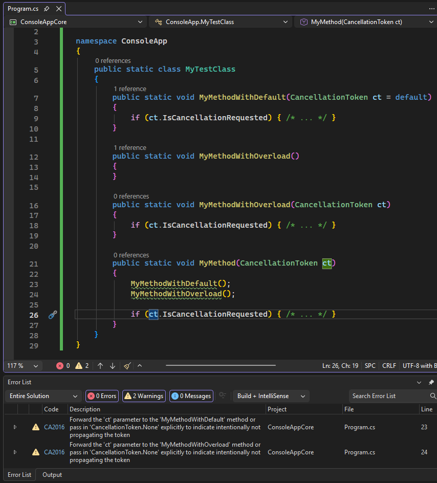 Regola CA2016 - Inoltrare il parametro CancellationToken ai metodi che accettano uno