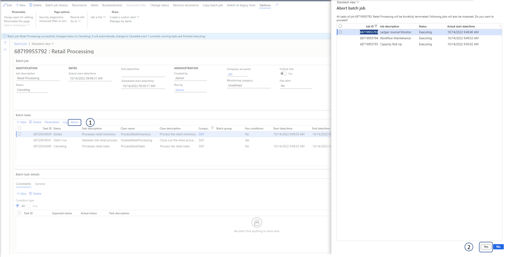 Screenshot of Aborting the tasks in a batch job when the Enhanced batch abort feature is enabled.