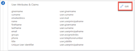 Screenshot che mostra gli attributi predefiniti per un token SAML.