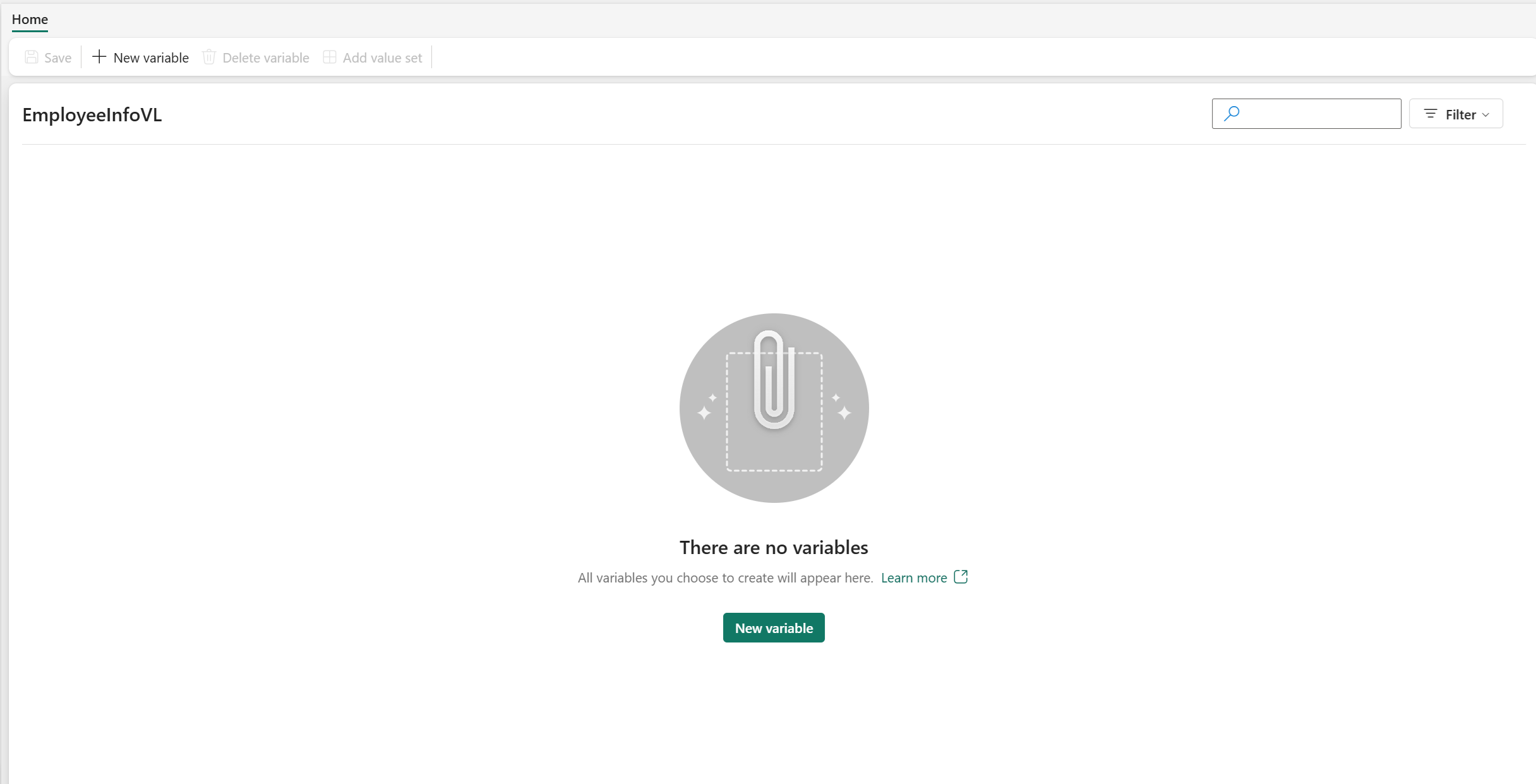 Screenshot di una libreria di variabili vuota con un pulsante per una nuova variabile.