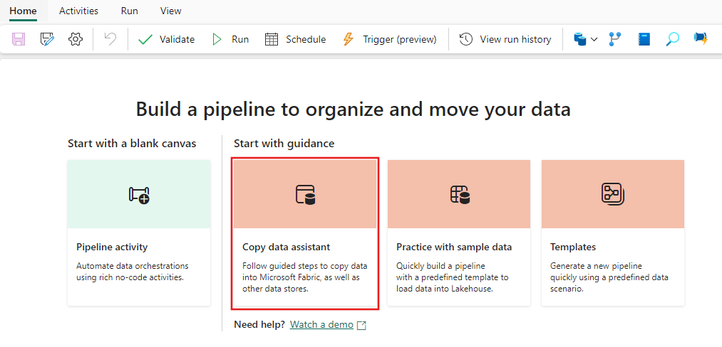 Screenshot che mostra il pulsante Copia dati in una nuova pipeline.