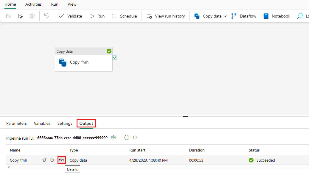 Screenshot che mostra la scheda Output dell'esecuzione della pipeline in corso con il pulsante Dettagli evidenziato nello stato di esecuzione.