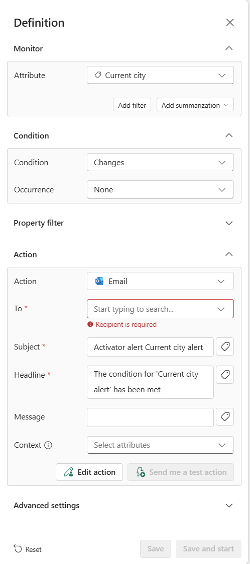Screenshot che mostra il riquadro Definizione.