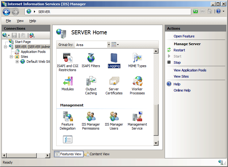 Screenshot della finestra I S Manager che visualizza la home page del server. L'icona per La registrazione è evidenziata.