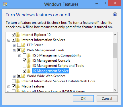 Screenshot della finestra di dialogo Funzionalità di Windows. Il servizio di gestione I S è evidenziato nel menu.