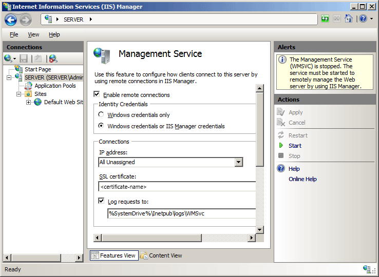 Screenshot della pagina Servizio di gestione in I S Manager.