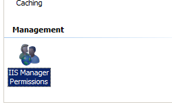 Screenshot che mostra il riquadro Home del sito Web predefinito con le autorizzazioni di I S Manager evidenziate.