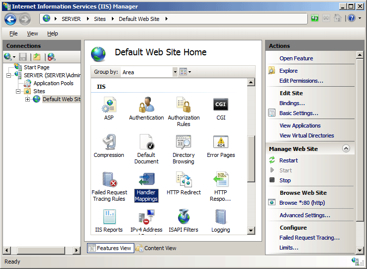 Screenshot che mostra il riquadro Home del sito Web predefinito, con mapping del gestore selezionato.