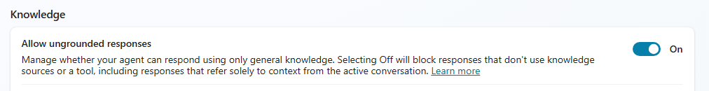 Screenshot dell'impostazione Consenti risposte non fondate nella sezione Conoscenza.