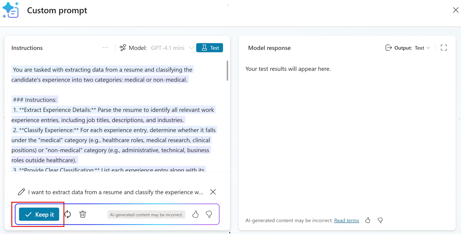 Screenshot di una richiesta suggerita e del pulsante «Conserva».
