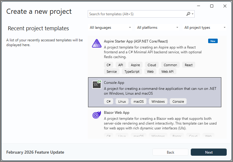 New console app project