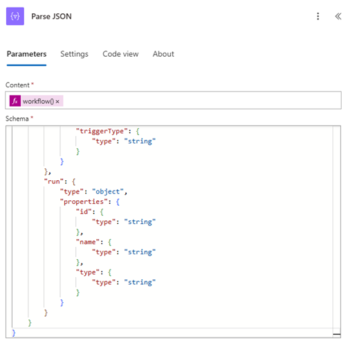 Screenshot dell'analisi del codice JSON della funzione flusso di lavoro.