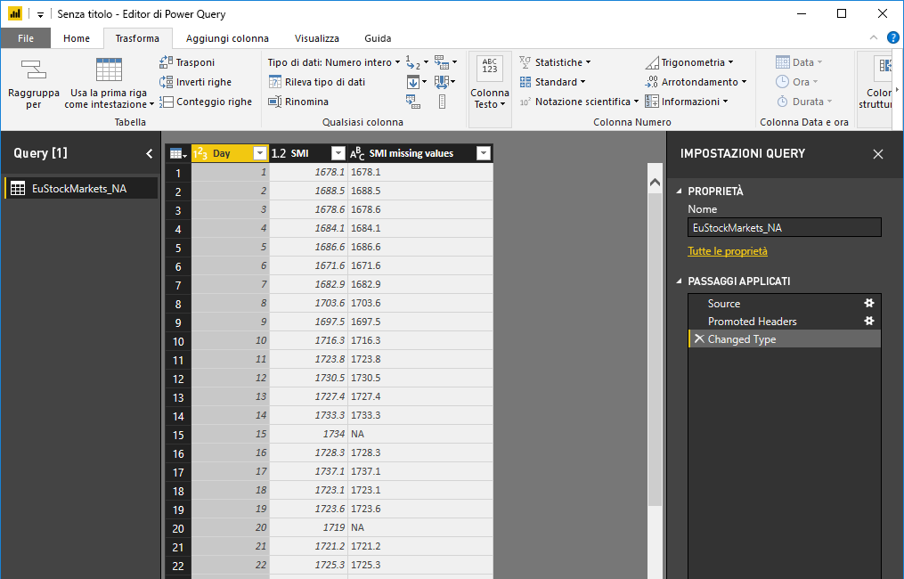 Screenshot della scheda Trasforma che mostra le righe di dati.