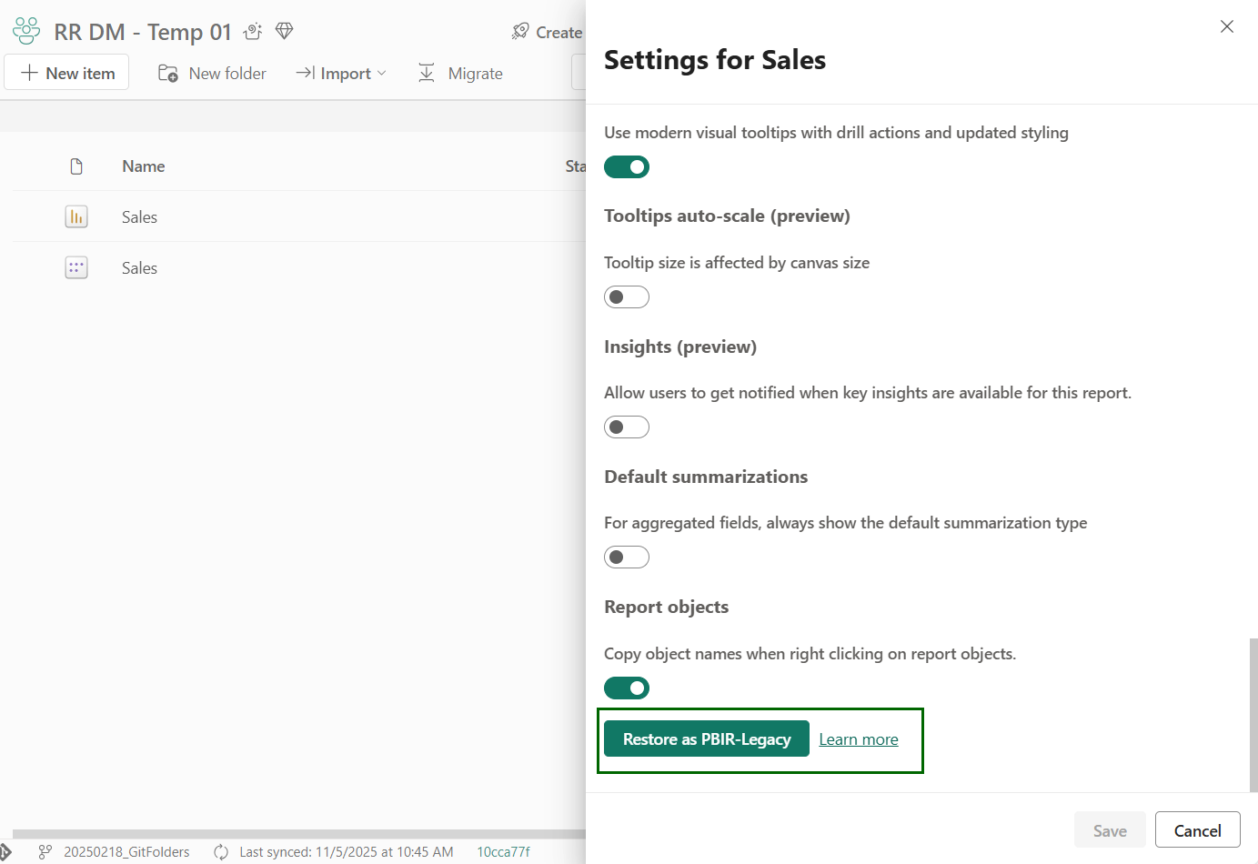 Screenshot dell'impostazione di ripristino PBIR.