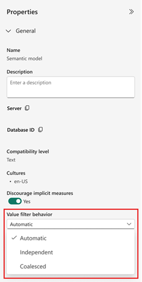 Screenshot del riquadro delle proprietà nella visualizzazione modello. Le opzioni relative al comportamento del filtro dei valori sono evidenziate.