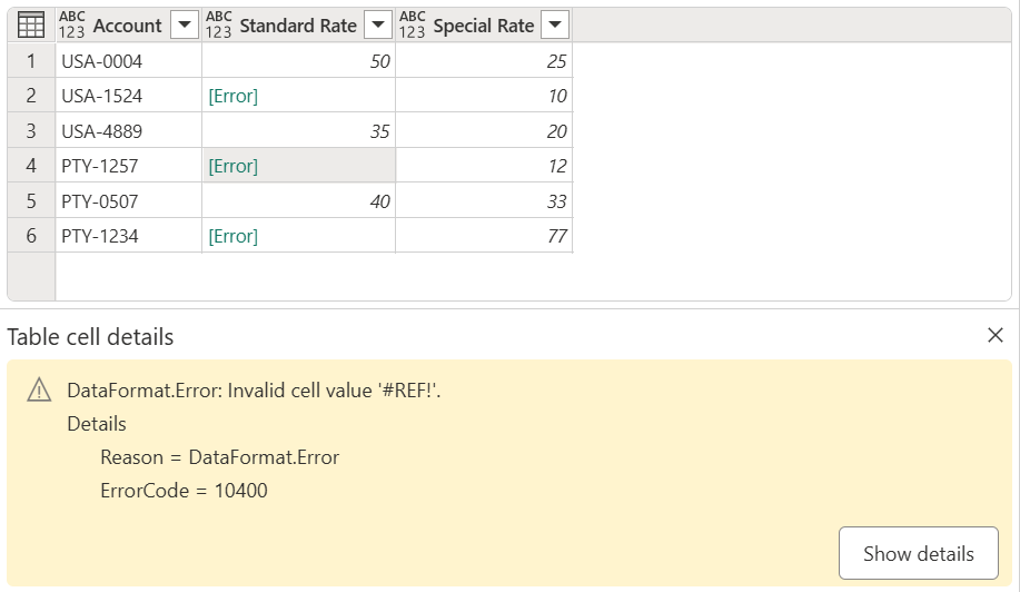 Screenshot dell'errore selezionato, con un messaggio di errore nella parte inferiore della finestra di dialogo.