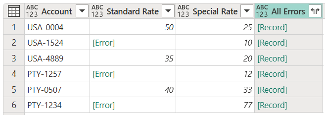 Screenshot della tabella con la colonna Tutti gli errori aggiunti e gli errori visualizzati come Record.