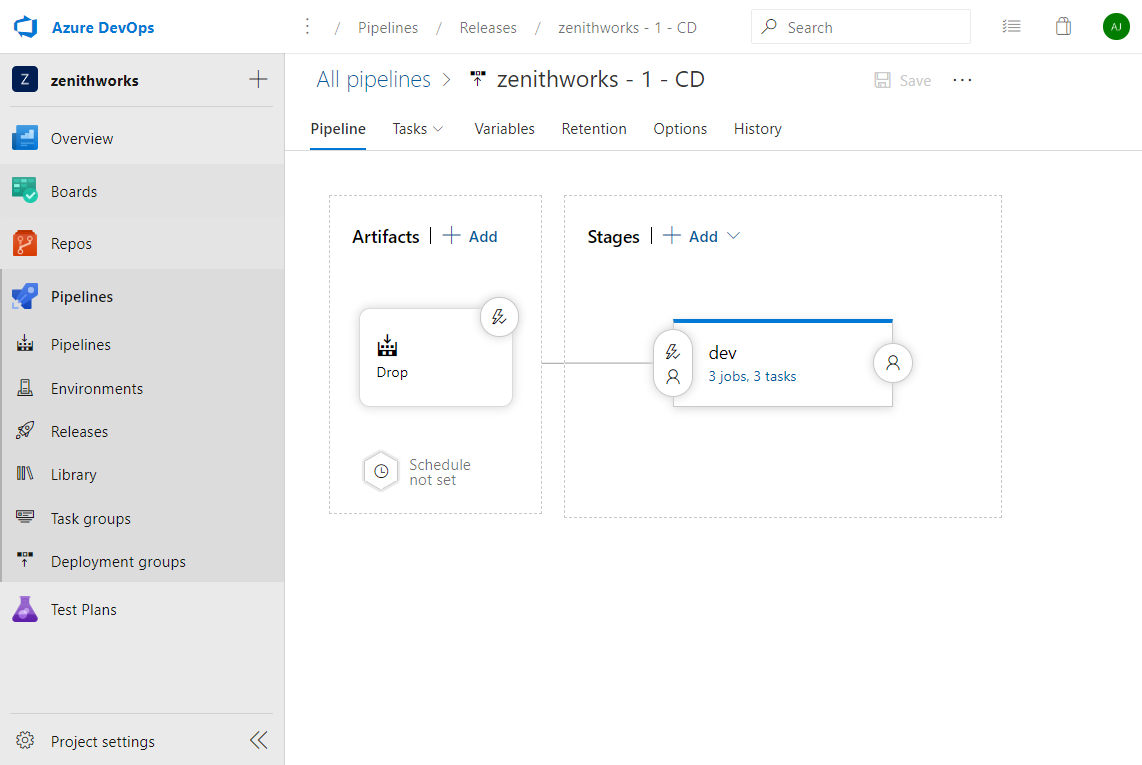 Una screenshot che mostra una classica pipeline della versione.