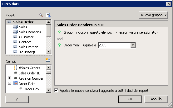 Finestra di dialogo Filtra dati con parametri specificati.