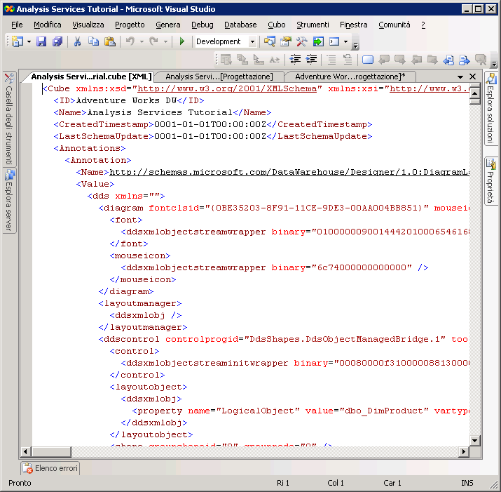 Codice XML per il cubo Analysis Services Tutorial