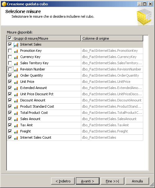 Creazione guidata cubo: Selezione misure