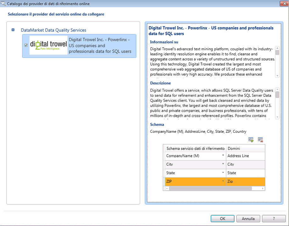 Finestra di dialogo Catalogo dei provider di dati di riferimento online