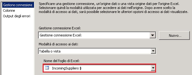 Nome del foglio di Excel - Fornitori$ in entrata