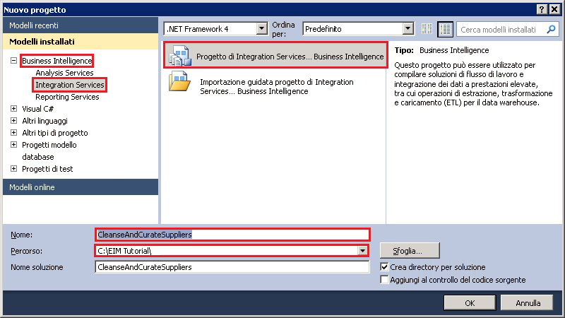 Visual Studio - Finestra di dialogo Nuovo progetto