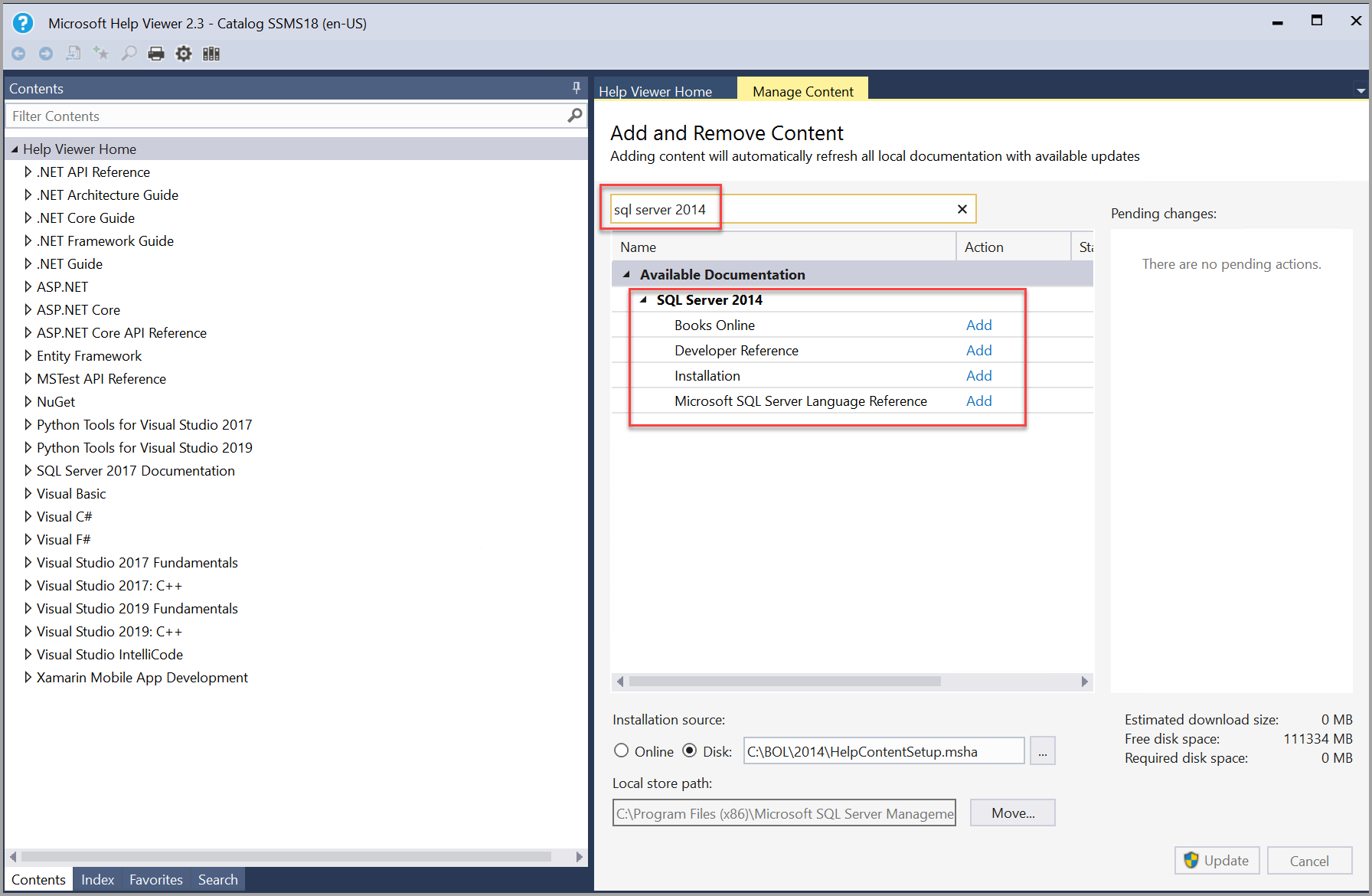 Ricerca di libri di SQL Server 2014 in Help Viewer