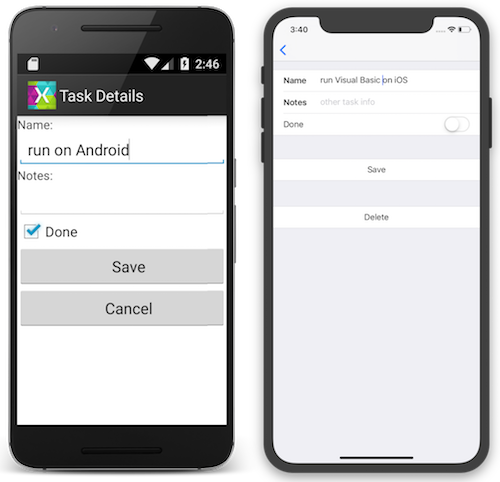 Android e iOS che eseguono un'app compilata con Visual Basic