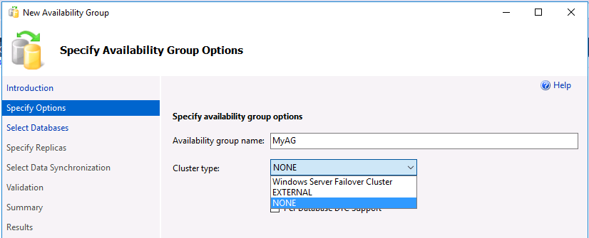 Screenshot delle opzioni del gruppo di disponibilità (AG) di SSMS.