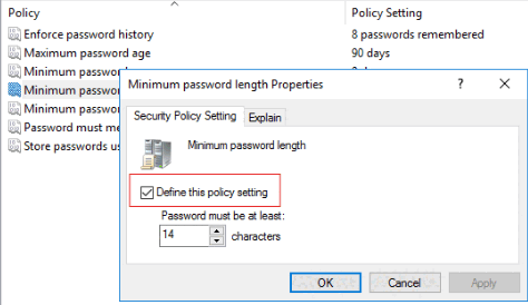 Screenshot dell'impostazione dei criteri di sicurezza per la lunghezza minima della password.