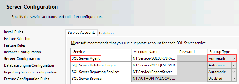 Screenshot della pagina Configurazione server. In una tabella vengono evidenziati il servizio SQL Server Agent e un tipo di avvio Automatico.