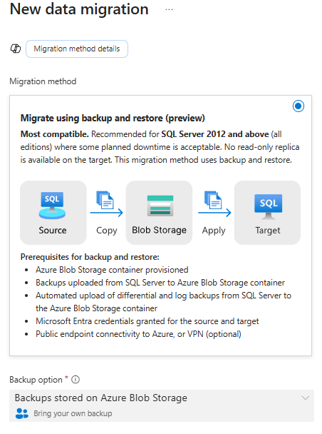 Screenshot della pagina Migrazione dei dati nel portale di Azure.