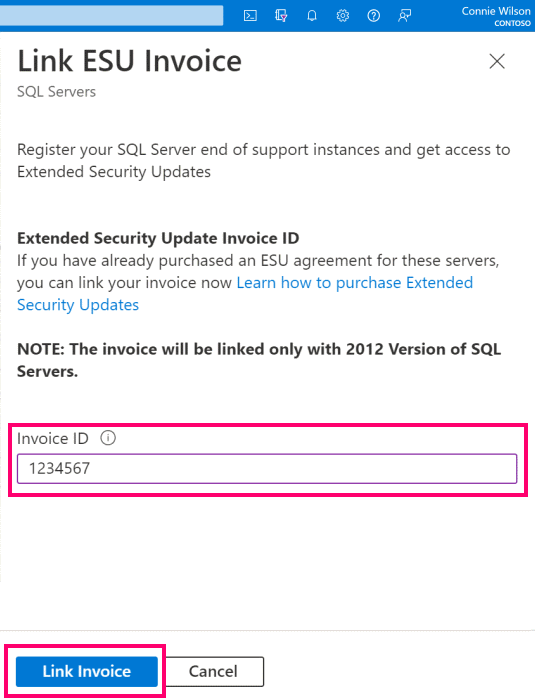 Screenshot dell'ID fattura nella pagina della fattura Link ESU.