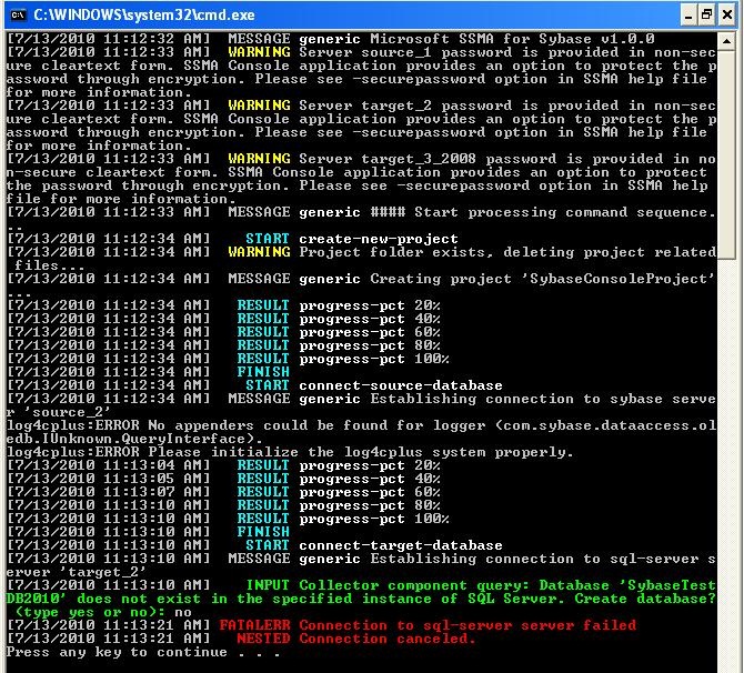 Screenshot che mostra un esempio di output Sybase della console SSMA.