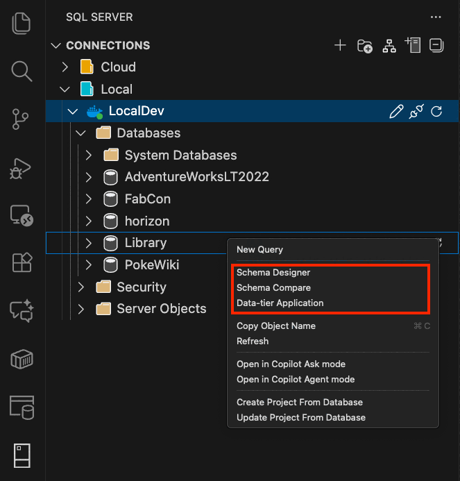 Screenshot dell'avvio dell'esperienza dell'applicazione di livello dati nell'estensione MSSQL per Visual Studio Code.