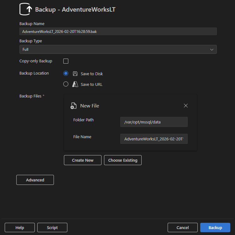 Screenshot della finestra di dialogo Backup con l'opzione Salva su disco selezionata.