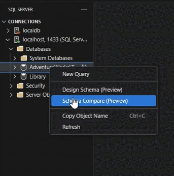 Screenshot dell'apertura di Confronto schema facendo clic con il pulsante destro del mouse su un database in Esplora oggetti.