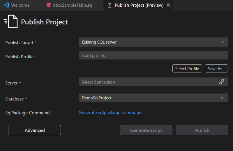 Screenshot della finestra di dialogo Pubblica progetto che mostra i campi di destinazione, server e database di pubblicazione.