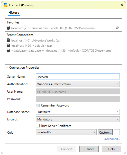 Screenshot della finestra di dialogo di connessione moderna per SQL Server.