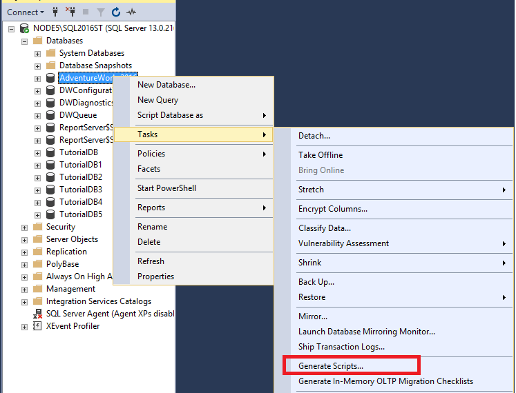 Screenshot di Genera script per i database.